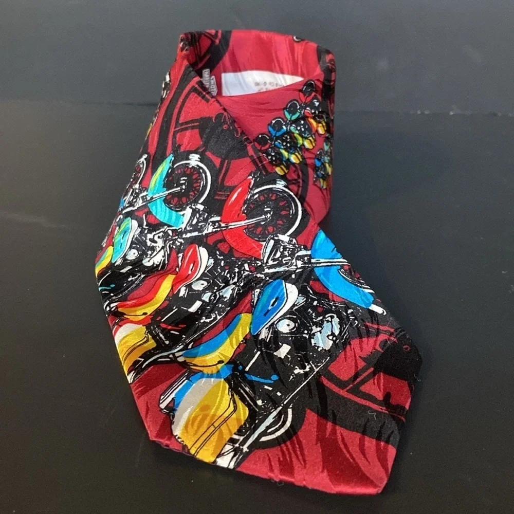 Harley Davidson Ralph Marlin Neon Tanks 1993 Line Up Silk Tie Biker Red Blue